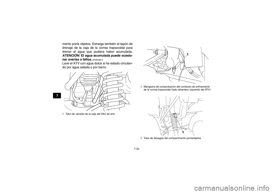YAMAHA GRIZZLY 350 2014 Manuale de Empleo (in Spanish) 7-22
7mento porta objetos. Extraiga también el tapón de
drenaje de la caja de la correa trapezoidal para
drenar el agua que pudiera haber acumulada.
ATENCIÓN: El agua acumulada puede ocasio-
nar a YAMAHA GRIZZLY 350 2014 Manuale de Empleo (in Spanish) 7-22
7mento porta objetos. Extraiga también el tapón de
drenaje de la caja de la correa trapezoidal para
drenar el agua que pudiera haber acumulada.
ATENCIÓN: El agua acumulada puede ocasio-
nar a