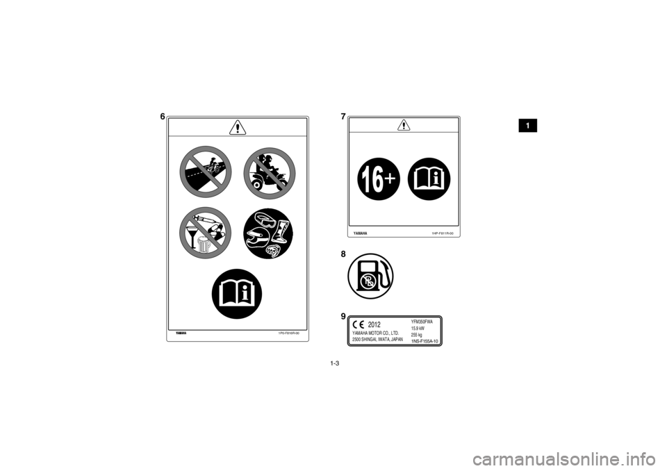 YAMAHA GRIZZLY 350 2013  Manuale de Empleo (in Spanish) 1-3
1
1P0-F816R-00
YAMAHA MOTOR CO., LTD.
2500 SHINGAI, IWATA, JAPANYFM350FWA
15.9 kW
255 kg
2012
1NS-F155A-10
YAMAHA
1HP-F811R-00
67
8
9
U1NS61S0.book  Page 3  Thursday, May 10, 2012  1:53 PM 