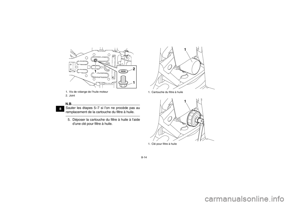 YAMAHA GRIZZLY 350 2013 Notices Demploi (in French) 8-14
8
N.B.Sauter les étapes 5–7 si l’on ne procède pas au
remplacement de la cartouche du filtre à huile.5. Déposer la cartouche du filtre à huile à l’aided’une clé pour filtre à huil YAMAHA GRIZZLY 350 2013 Notices Demploi (in French) 8-14
8
N.B.Sauter les étapes 5–7 si l’on ne procède pas au
remplacement de la cartouche du filtre à huile.5. Déposer la cartouche du filtre à huile à l’aided’une clé pour filtre à huil