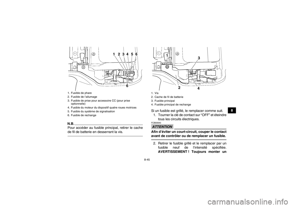 YAMAHA GRIZZLY 350 2013 Notices Demploi (in French) 8-45
8
N.B.Pour accéder au fusible principal, retirer le cache
de fil de batterie en desserrant la vis.
Si un fusible est grillé, le remplacer comme suit.1. Tourner la clé de contact sur “OFF” YAMAHA GRIZZLY 350 2013 Notices Demploi (in French) 8-45
8
N.B.Pour accéder au fusible principal, retirer le cache
de fil de batterie en desserrant la vis.
Si un fusible est grillé, le remplacer comme suit.1. Tourner la clé de contact sur “OFF”