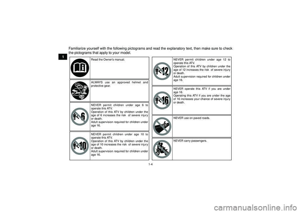 YAMAHA GRIZZLY 350 2012 User Guide 1-4
1Familiarize yourself with the following pictograms and read the explanatory text, then make sure to check
the pictograms that apply to your model.
Read the Owner’
s manual.
ALWAYS use an approv YAMAHA GRIZZLY 350 2012 User Guide 1-4
1Familiarize yourself with the following pictograms and read the explanatory text, then make sure to check
the pictograms that apply to your model.
Read the Owner’
s manual.
ALWAYS use an approv