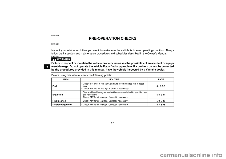 YAMAHA GRIZZLY 350 2012 Service Manual 5-1
5
EBU19201
PRE-OPERATION CHECKS
EBU19224Inspect your vehicle each time you use it to make sure the vehicle is in safe operating condition. Always
follow the inspection and maintenance procedures a YAMAHA GRIZZLY 350 2012 Service Manual 5-1
5
EBU19201
PRE-OPERATION CHECKS
EBU19224Inspect your vehicle each time you use it to make sure the vehicle is in safe operating condition. Always
follow the inspection and maintenance procedures a
