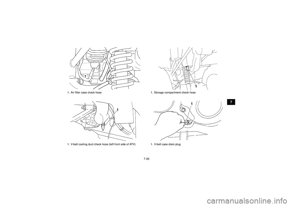 YAMAHA GRIZZLY 350 2012 Manual PDF 7-20
7
1. Air filter case check hose
1. V-belt cooling duct check hose (left front side of ATV)
1. Storage compartment check hose
1. V-belt case drain plug
U1NS60E0.book  Page 20  Monday, August 1, 20