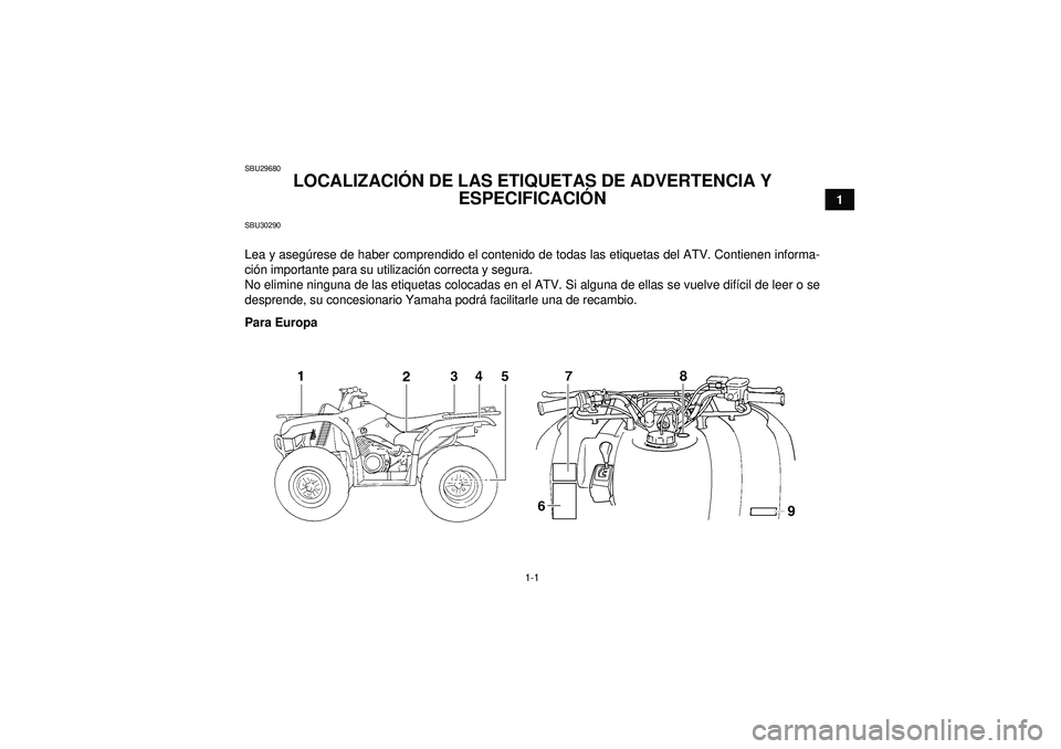 YAMAHA GRIZZLY 350 2012  Manuale de Empleo (in Spanish) 1-1
1
SBU29680
LOCALIZACIÓN DE LAS ETIQUETAS DE ADVERTENCIA Y 
ESPECIFICACI ÓN 
SBU30290Lea y aseg úrese de haber comprendido el contenido de todas las etiquetas del ATV. Contienen informa-
ci ón 