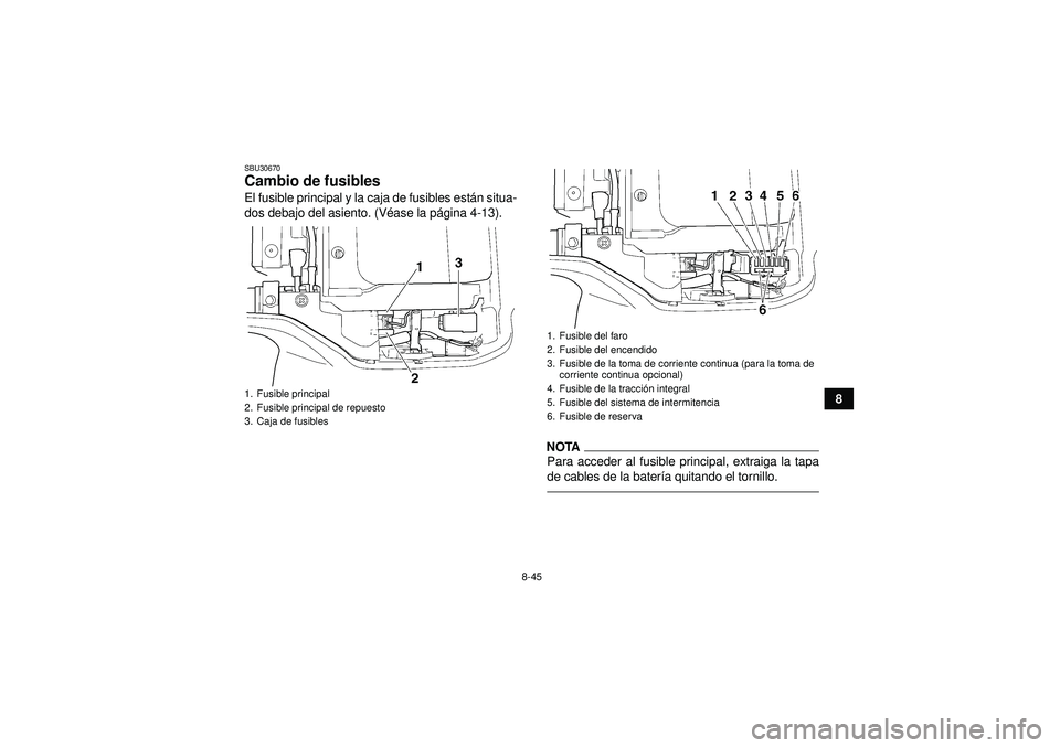 YAMAHA GRIZZLY 350 2012  Manuale de Empleo (in Spanish) 8-45
8
SBU30670Cambio de fusibles El fusible principal y la caja de fusibles están situa-
dos debajo del asiento. (V éase la p ágina 4-13).
NOTAPara acceder al fusible principal, extraiga la tapa
d
