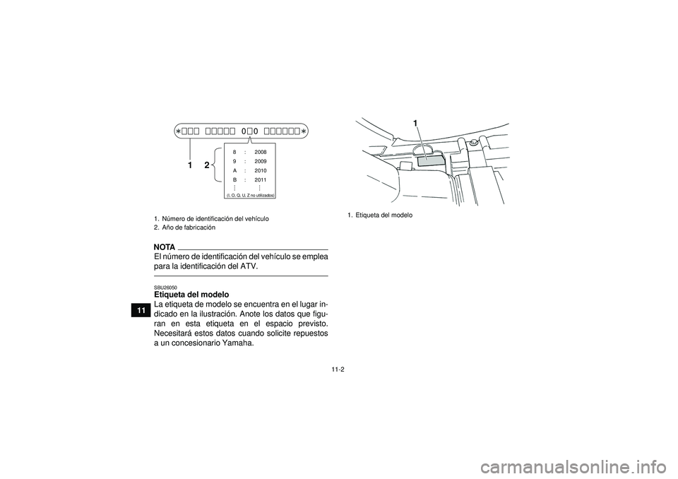 YAMAHA GRIZZLY 350 2012 Manuale de Empleo (in Spanish) 11-2
11
NOTAEl número de identificaci ón del veh ículo se emplea
para la identificació n del ATV.SBU26050Etiqueta del modelo
La etiqueta de modelo se encuentra en el lugar in-
dicado en la ilustr YAMAHA GRIZZLY 350 2012 Manuale de Empleo (in Spanish) 11-2
11
NOTAEl número de identificaci ón del veh ículo se emplea
para la identificació n del ATV.SBU26050Etiqueta del modelo
La etiqueta de modelo se encuentra en el lugar in-
dicado en la ilustr