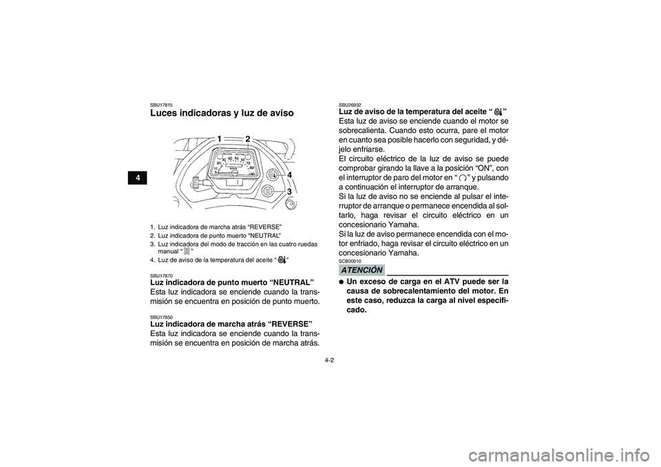 YAMAHA GRIZZLY 350 2012  Manuale de Empleo (in Spanish) 4-2
4
SBU17815Luces indicadoras y luz de aviso SBU17870Luz indicadora de punto muerto “NEUTRAL ” 
Esta luz indicadora se enciende cuando la trans-
misi ón se encuentra en posici ón de punto muer