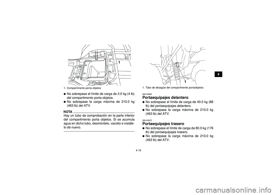 YAMAHA GRIZZLY 350 2012  Manuale de Empleo (in Spanish) 4-15
4
No sobrepase el límite de carga de 2.0 kg (4 lb)
del compartimento porta objetos.No sobrepase la carga m áxima de 210.0 kg
(463 lb) del ATV.
NOTAHay un tubo de comprobaci ón en la parte in