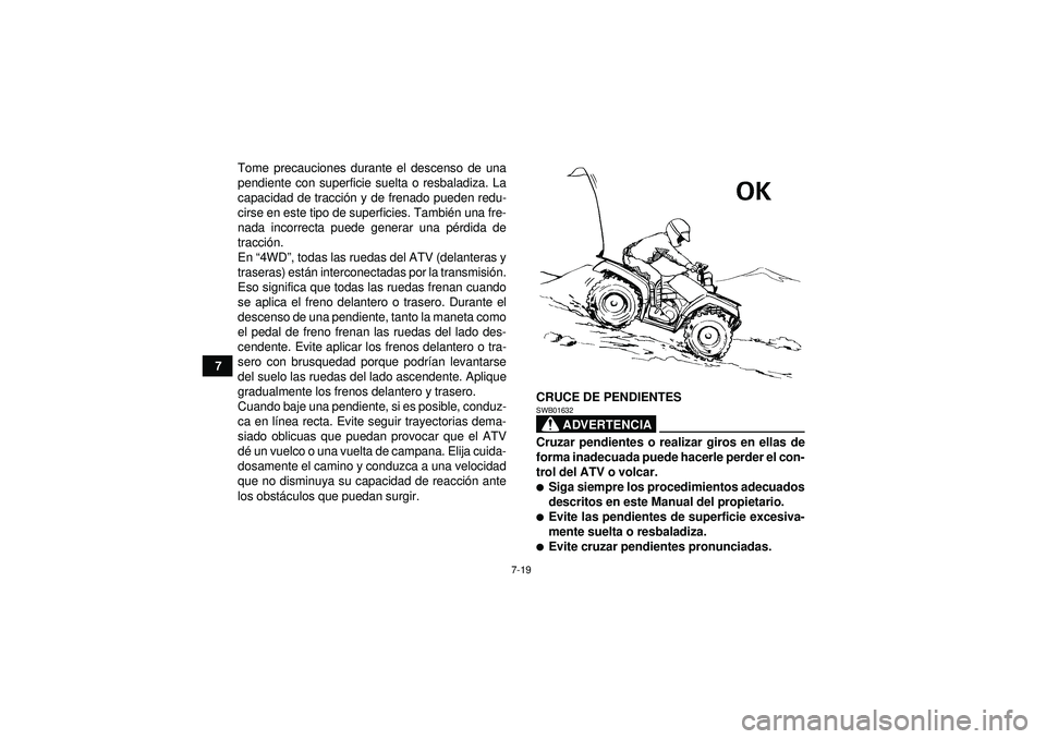 YAMAHA GRIZZLY 350 2012 Manuale de Empleo (in Spanish) 7-19
7Tome precauciones durante el descenso de una
pendiente con superficie suelta o resbaladiza. La
capacidad de tracci
ón y de frenado pueden redu-
cirse en este tipo de superficies. Tambi én una YAMAHA GRIZZLY 350 2012 Manuale de Empleo (in Spanish) 7-19
7Tome precauciones durante el descenso de una
pendiente con superficie suelta o resbaladiza. La
capacidad de tracci
ón y de frenado pueden redu-
cirse en este tipo de superficies. Tambi én una