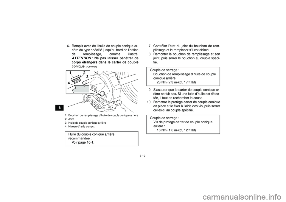 YAMAHA GRIZZLY 350 2012  Notices Demploi (in French) 8-19
86. Remplir avec de l
’huile de couple conique ar-
ri ère du type sp écifi é jusqu ’au bord de l ’orifice
de remplissage, comme illustr é.
ATTENTION :  Ne pas laisser p én étrer de
co