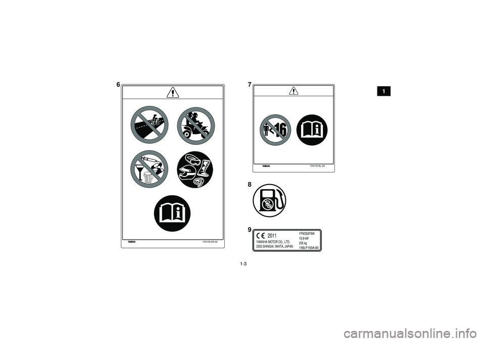 YAMAHA GRIZZLY 350 2012  Notices Demploi (in French) 1-3
1
1P0-F816R-00
1P0-F816L-20
YAMAHA MOTOR CO., LTD.
2500 SHINGAI, IWATA, JAPANYFM350FWA
15.9 kW
255 kg
2011
1NS-F155A-00
67
8
9
U1NS60F0.book  Page 3  Monday, August 1, 2011  5:12 PM 