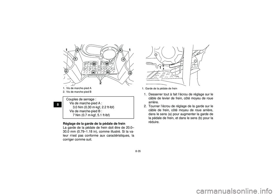 YAMAHA GRIZZLY 350 2012 Notices Demploi (in French) 8-35
8Réglage de la garde de la p édale de frein
La garde de la pé dale de frein doit être de 20.0–
30.0 mm (0.79 –1.18 in), comme illustr é. Si la va-
leur n ’est pas conforme aux caract YAMAHA GRIZZLY 350 2012 Notices Demploi (in French) 8-35
8Réglage de la garde de la p édale de frein
La garde de la pé dale de frein doit être de 20.0–
30.0 mm (0.79 –1.18 in), comme illustr é. Si la va-
leur n ’est pas conforme aux caract