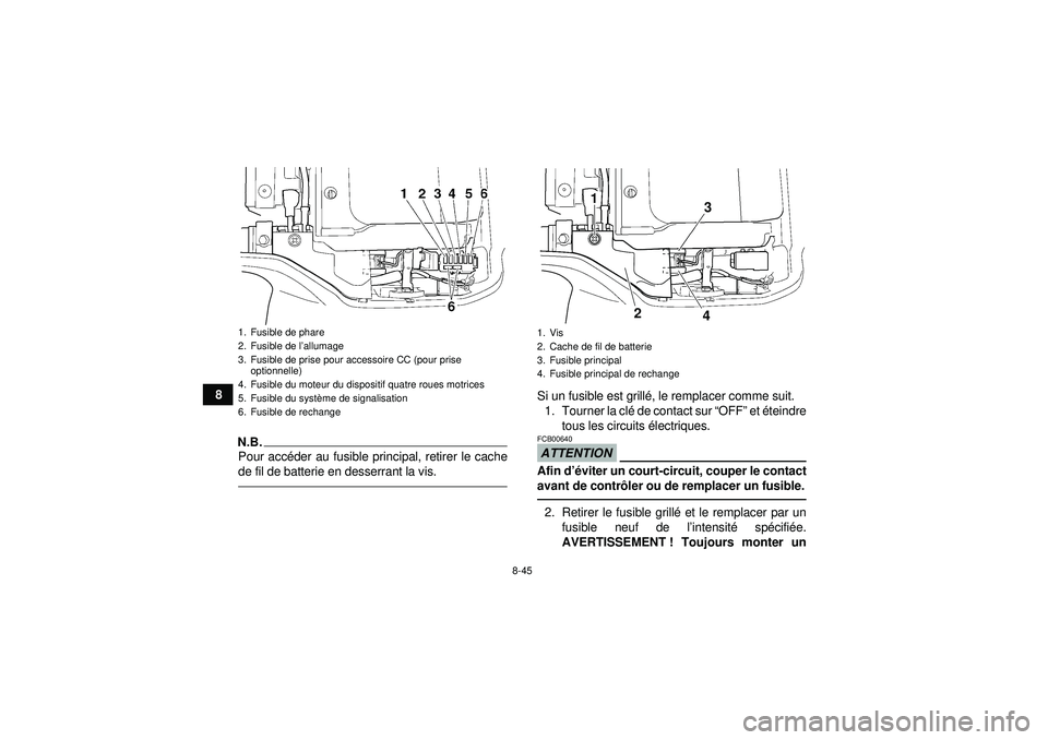 YAMAHA GRIZZLY 350 2012  Notices Demploi (in French) 8-45
8
N.B.Pour accéder au fusible principal, retirer le cache
de fil de batterie en desserrant la vis.
Si un fusible est grill é, le remplacer comme suit.
1. Tourner la cl é de contact sur “ OFF