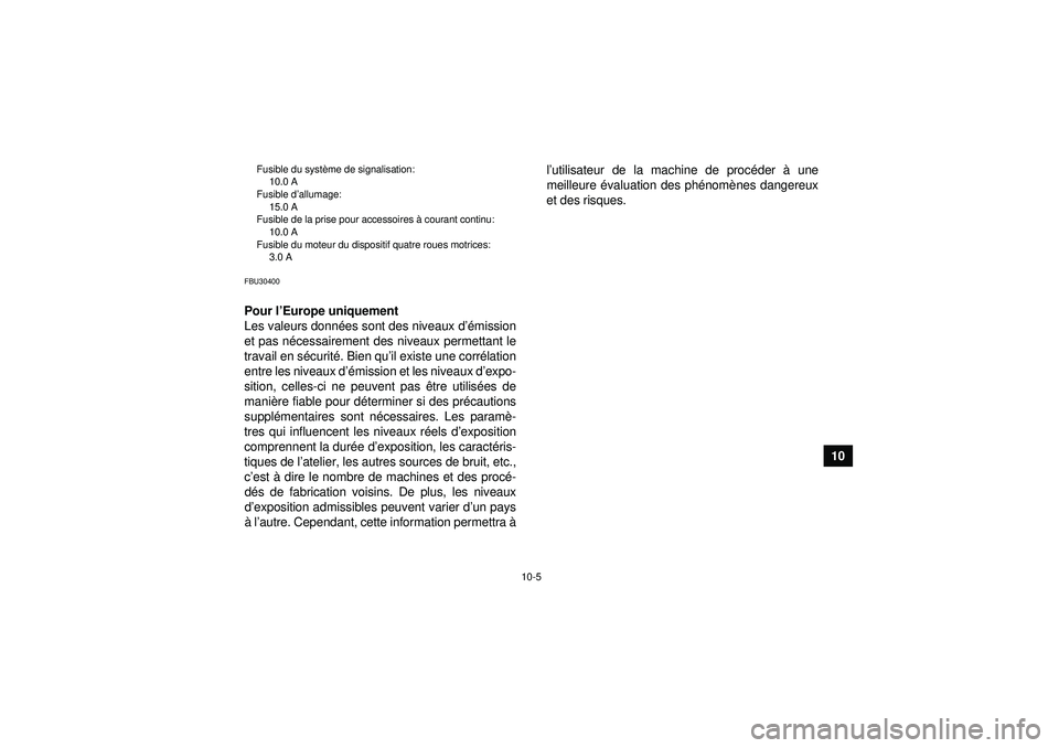YAMAHA GRIZZLY 350 2012 Notices Demploi (in French) 10-5
10
Fusible du système de signalisation:
10.0 A
Fusible d ’allumage:
15.0 A
Fusible de la prise pour accessoires à courant continu:
10.0 A
Fusible du moteur du dispositif quatre roues motrice YAMAHA GRIZZLY 350 2012 Notices Demploi (in French) 10-5
10
Fusible du système de signalisation:
10.0 A
Fusible d ’allumage:
15.0 A
Fusible de la prise pour accessoires à courant continu:
10.0 A
Fusible du moteur du dispositif quatre roues motrice