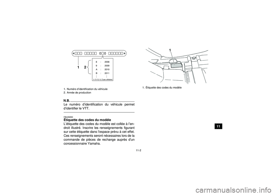 YAMAHA GRIZZLY 350 2012 Notices Demploi (in French) 11-2
11
N.B.Le numéro d ’identification du v éhicule permet
d ’identifier le VTT.FBU26050É tiquette des codes du mod èle
L ’é tiquette des codes du mod èle est coll ée à l’en-
droit YAMAHA GRIZZLY 350 2012 Notices Demploi (in French) 11-2
11
N.B.Le numéro d ’identification du v éhicule permet
d ’identifier le VTT.FBU26050É tiquette des codes du mod èle
L ’é tiquette des codes du mod èle est coll ée à l’en-
droit