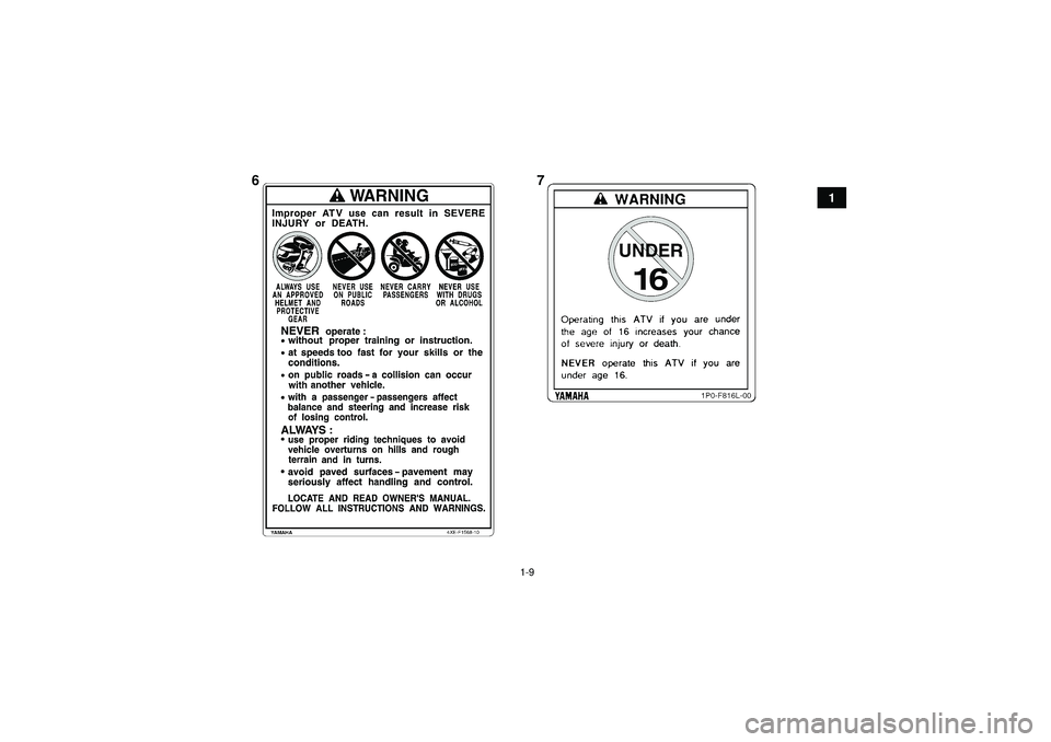 YAMAHA GRIZZLY 350 2012  Notices Demploi (in French) 1-9
1
67
U1NS60F0.book  Page 9  Monday, August 1, 2011  5:12 PM 