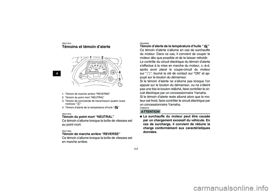 YAMAHA GRIZZLY 350 2012  Notices Demploi (in French) 4-2
4
FBU17815Témoins et t émoin d ’alerte FBU17870T émoin du point mort  “NEUTRAL ” 
Ce t émoin s ’allume lorsque la bo îte de vitesses est
au point mort.FBU17850T émoin de marche arri 