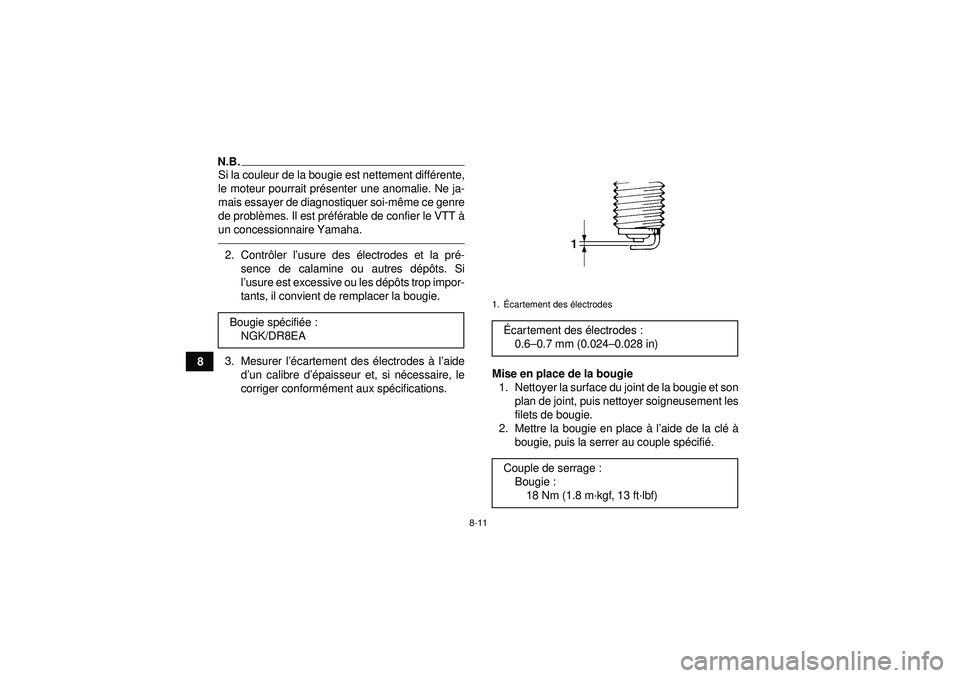 YAMAHA GRIZZLY 350 2012  Notices Demploi (in French) 8-11
8
N.B.Si la couleur de la bougie est nettement différente,
le moteur pourrait pr ésenter une anomalie. Ne ja-
mais essayer de diagnostiquer soi-m ême ce genre
de probl èmes. Il est pr éfé r