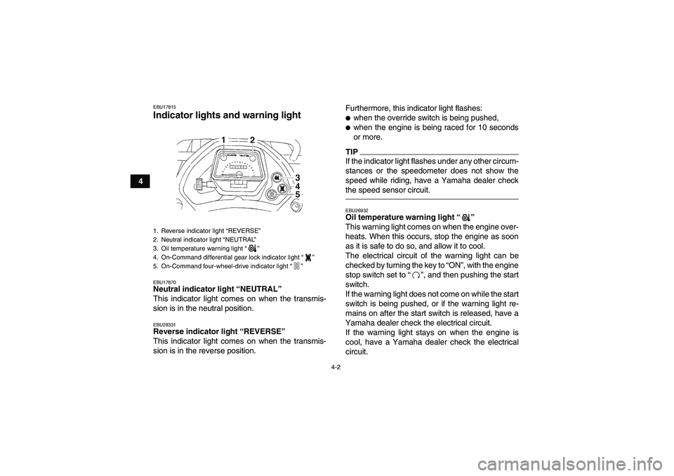 YAMAHA GRIZZLY 350 2011  Owners Manual 4-2
4
EBU17815Indicator lights and warning light EBU17870Neutral indicator light “NEUTRAL” 
This indicator light comes on when the transmis-
sion is in the neutral position.EBU28331Reverse indicat