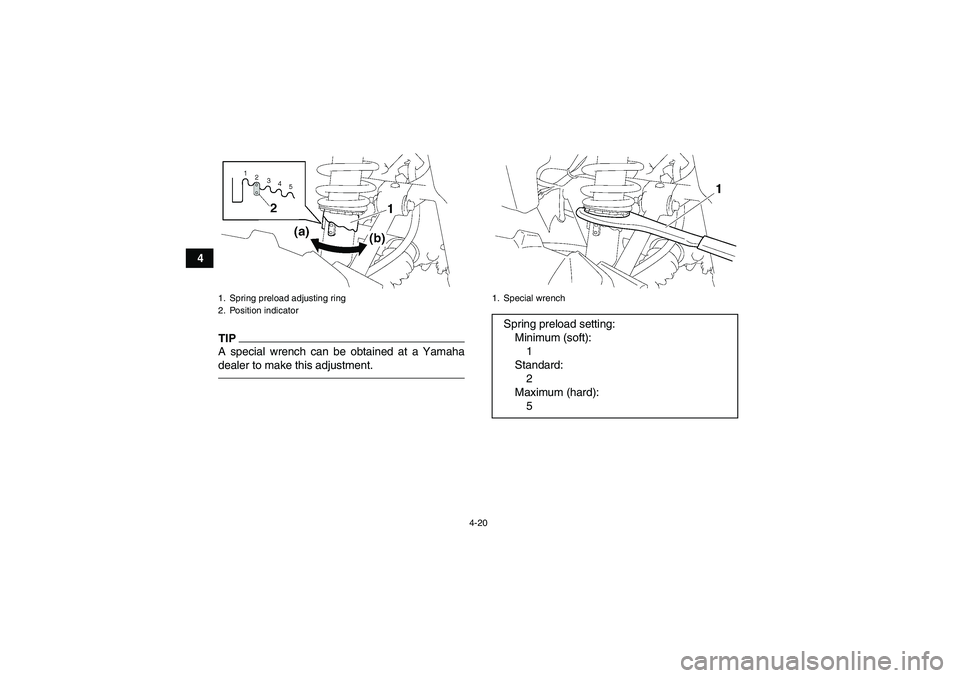 YAMAHA GRIZZLY 350 2011 Service Manual 4-20
4
TIPA special wrench can be obtained at a Yamaha
dealer to make this adjustment.1. Spring preload adjusting ring
2. Position indicator
1. Special wrenchSpring preload setting:
Minimum (soft):
1
