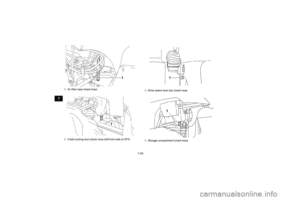 YAMAHA GRIZZLY 350 2011 Manual PDF 7-20
7
1. Air filter case check hose
1. V-belt cooling duct check hose (left front side of ATV)
1. Drive select lever box check hose
1. Storage compartment check hose
1
U4S264E0.book  Page 20  Thursda
