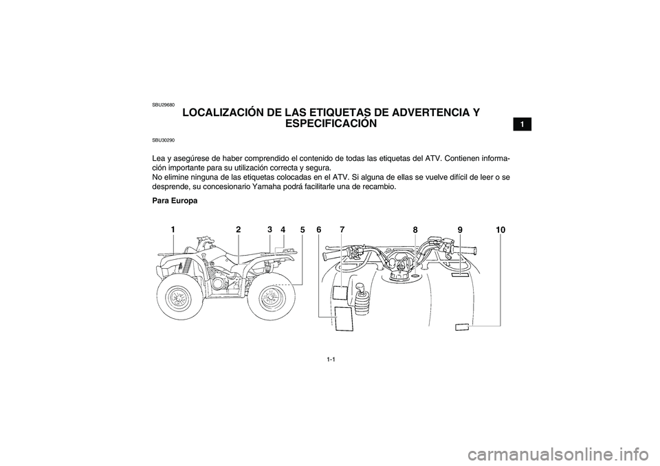 YAMAHA GRIZZLY 350 2011  Manuale de Empleo (in Spanish) 1-1
1
SBU29680
LOCALIZACIÓN DE LAS ETIQUETAS DE ADVERTENCIA Y 
ESPECIFICACIÓN 
SBU30290Lea y asegúrese de haber comprendido el contenido de todas las etiquetas del ATV. Contienen informa-
ción imp