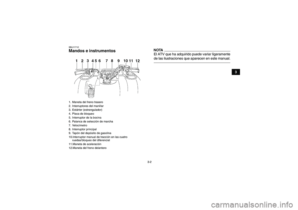 YAMAHA GRIZZLY 350 2011  Manuale de Empleo (in Spanish) 3-2
3
SBU17712Mandos e instrumentos
NOTAEl ATV que ha adquirido puede variar ligeramente
de las ilustraciones que aparecen en este manual.
1. Maneta del freno trasero
2. Interruptores del manillar
3. 