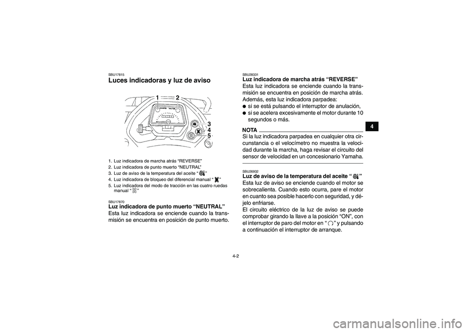YAMAHA GRIZZLY 350 2011  Manuale de Empleo (in Spanish) 4-2
4
SBU17815Luces indicadoras y luz de aviso SBU17870Luz indicadora de punto muerto “NEUTRAL” 
Esta luz indicadora se enciende cuando la trans-
misión se encuentra en posición de punto muerto.