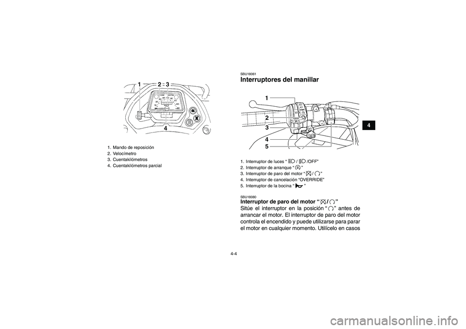 YAMAHA GRIZZLY 350 2011 Manuale de Empleo (in Spanish) 4-4
4
SBU18061Interruptores del manillar SBU18080Interruptor de paro del motor“/”
Sitúe el interruptor en la posición“” antes de
arrancar el motor. El interruptor de paro del motor
controla YAMAHA GRIZZLY 350 2011 Manuale de Empleo (in Spanish) 4-4
4
SBU18061Interruptores del manillar SBU18080Interruptor de paro del motor“/”
Sitúe el interruptor en la posición“” antes de
arrancar el motor. El interruptor de paro del motor
controla