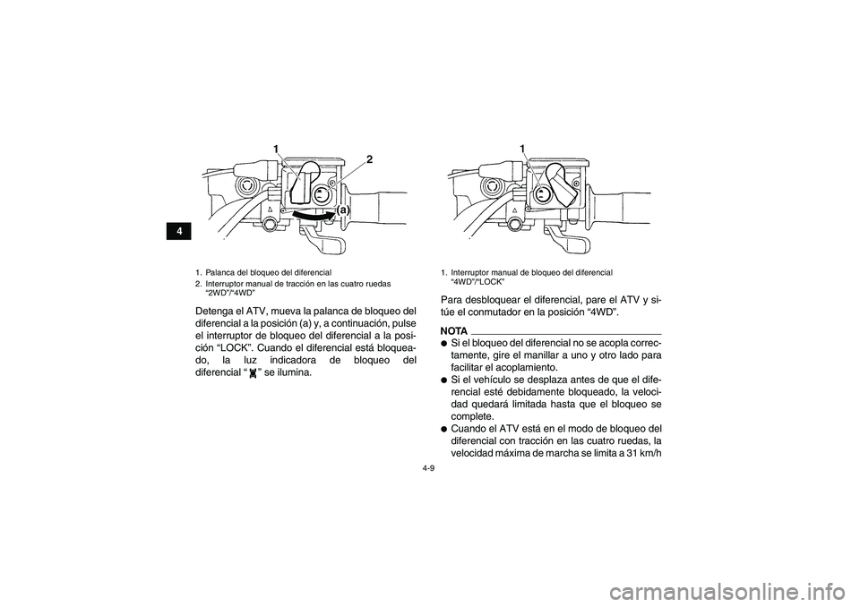 YAMAHA GRIZZLY 350 2011 Manuale de Empleo (in Spanish) 4-9
4
Detenga el ATV, mueva la palanca de bloqueo del
diferencial a la posición (a) y, a continuación, pulse
el interruptor de bloqueo del diferencial a la posi-
ción “LOCK”. Cuando el diferenc YAMAHA GRIZZLY 350 2011 Manuale de Empleo (in Spanish) 4-9
4
Detenga el ATV, mueva la palanca de bloqueo del
diferencial a la posición (a) y, a continuación, pulse
el interruptor de bloqueo del diferencial a la posi-
ción “LOCK”. Cuando el diferenc