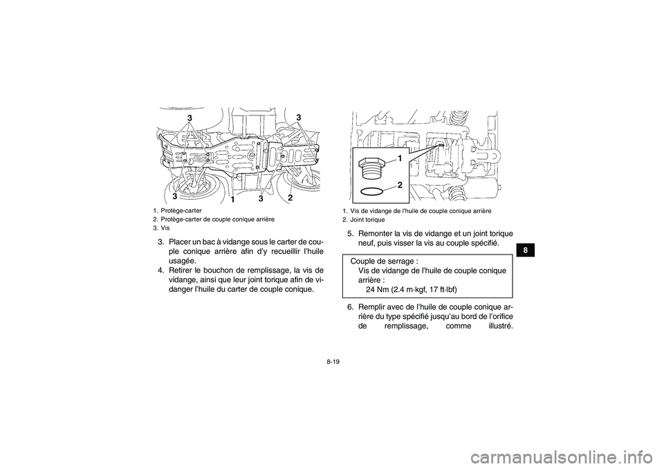 YAMAHA GRIZZLY 350 2011  Notices Demploi (in French) 8-19
8 3. Placer un bac à vidange sous le carter de cou-
ple conique arrière afin d’y recueillir l’huile
usagée.
4. Retirer le bouchon de remplissage, la vis de
vidange, ainsi que leur joint to