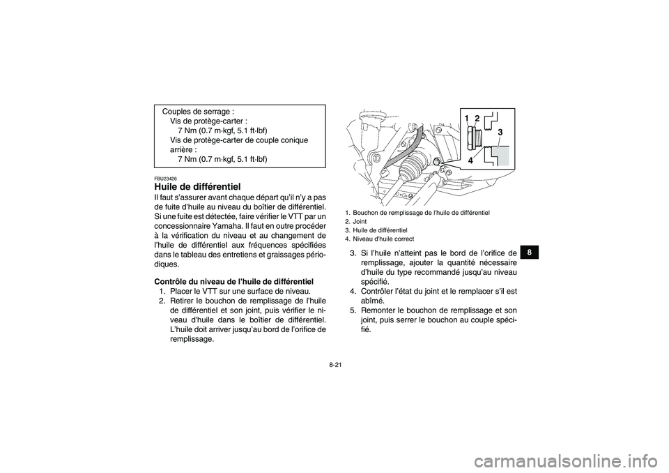 YAMAHA GRIZZLY 350 2011  Notices Demploi (in French) 8-21
8
FBU23426Huile de différentiel Il faut s’assurer avant chaque départ qu’il n’y a pas
de fuite d’huile au niveau du boîtier de différentiel.
Si une fuite est détectée, faire vérifi