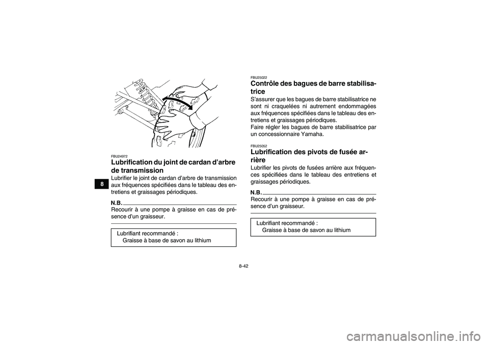 YAMAHA GRIZZLY 350 2011  Notices Demploi (in French) 8-42
8
FBU24972Lubrification du joint de cardan d’arbre 
de transmission Lubrifier le joint de cardan d’arbre de transmission
aux fréquences spécifiées dans le tableau des en-
tretiens et grais