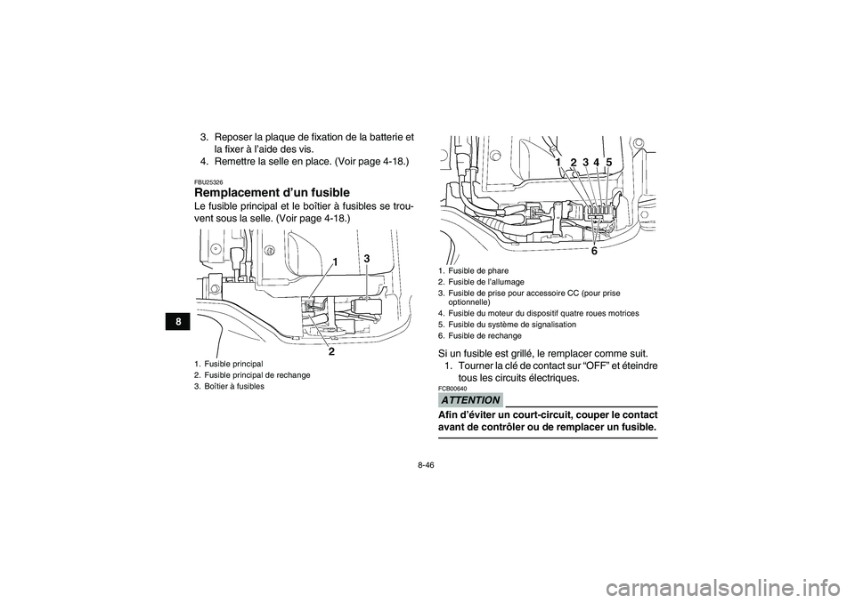 YAMAHA GRIZZLY 350 2011  Notices Demploi (in French) 8-46
83. Reposer la plaque de fixation de la batterie et
la fixer à l’aide des vis.
4. Remettre la selle en place. (Voir page 4-18.)
FBU25326Remplacement d’un fusible Le fusible principal et le b
