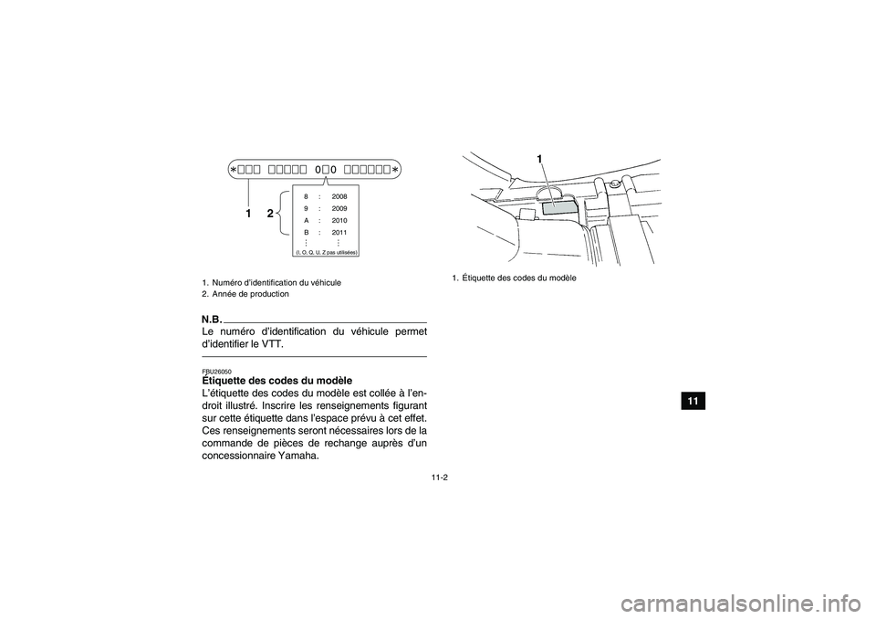 YAMAHA GRIZZLY 350 2011 Notices Demploi (in French) 11-2
11
N.B.Le numéro d’identification du véhicule permet
d’identifier le VTT.FBU26050Étiquette des codes du modèle
L’étiquette des codes du modèle est collée à l’en-
droit illustré. YAMAHA GRIZZLY 350 2011 Notices Demploi (in French) 11-2
11
N.B.Le numéro d’identification du véhicule permet
d’identifier le VTT.FBU26050Étiquette des codes du modèle
L’étiquette des codes du modèle est collée à l’en-
droit illustré.