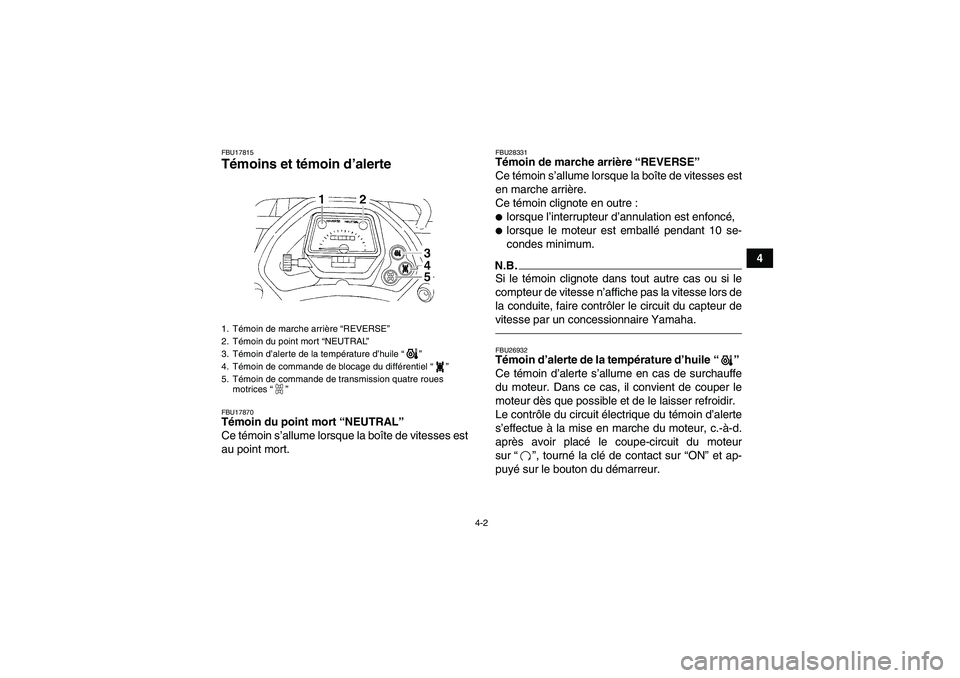 YAMAHA GRIZZLY 350 2011  Notices Demploi (in French) 4-2
4
FBU17815Témoins et témoin d’alerte FBU17870Témoin du point mort “NEUTRAL” 
Ce témoin s’allume lorsque la boîte de vitesses est
au point mort.
FBU28331Témoin de marche arrière “R