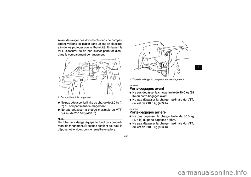 YAMAHA GRIZZLY 350 2011 Notices Demploi (in French) 4-20
4 Avant de ranger des documents dans ce compar-
timent, veiller à les placer dans un sac en plastique
afin de les protéger contre l’humidité. En lavant le
VTT, s’assurer de ne pas laisser YAMAHA GRIZZLY 350 2011 Notices Demploi (in French) 4-20
4 Avant de ranger des documents dans ce compar-
timent, veiller à les placer dans un sac en plastique
afin de les protéger contre l’humidité. En lavant le
VTT, s’assurer de ne pas laisser