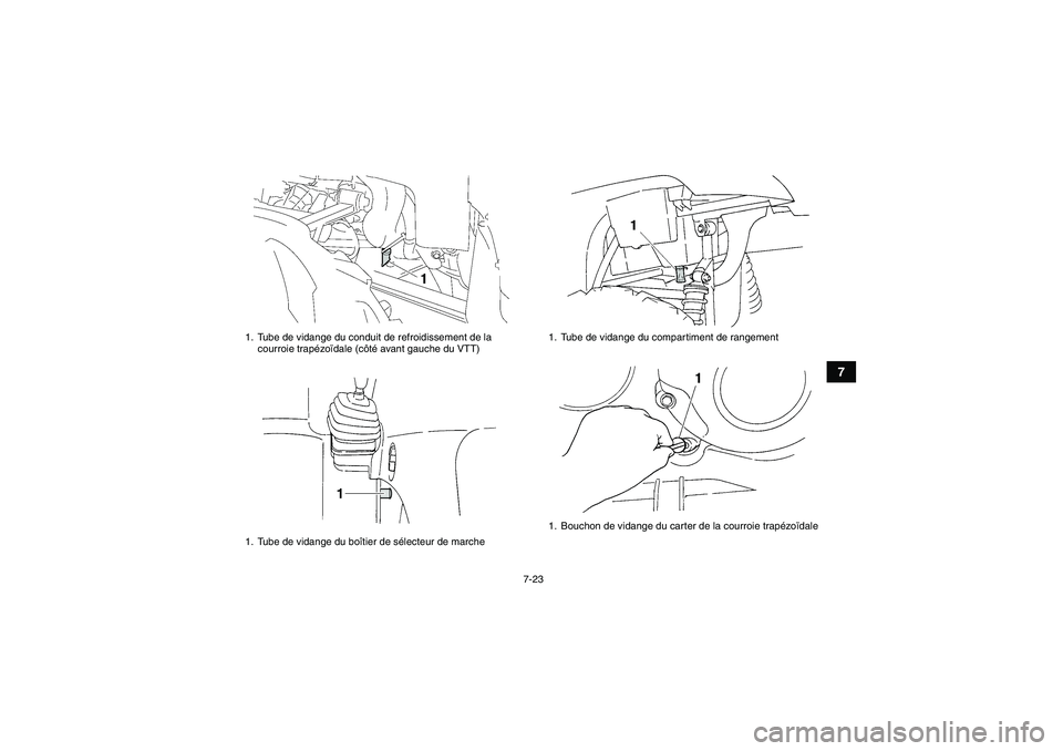 YAMAHA GRIZZLY 350 2011  Notices Demploi (in French) 7-23
7
1. Tube de vidange du conduit de refroidissement de la 
courroie trapézoïdale (côté avant gauche du VTT)
1. Tube de vidange du boîtier de sélecteur de marche
1
1. Tube de vidange du compa
