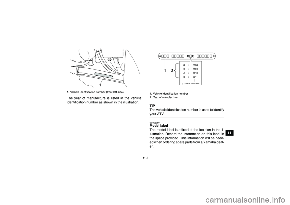 YAMAHA GRIZZLY 350 2010  Owners Manual 11-2
11 The year of manufacture is listed in the vehicle
identification number as shown in the illustration.
TIPThe vehicle identification number is used to identify
your ATV.EBU26050Model label 
The 