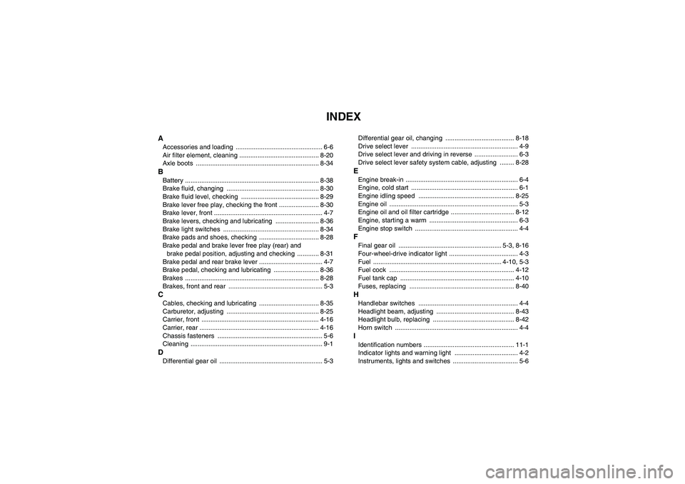 YAMAHA GRIZZLY 350 2010  Owners Manual INDEX
AAccessories and loading  ................................................ 6-6
Air filter element, cleaning ............................................ 8-20
Axle boots  ........................