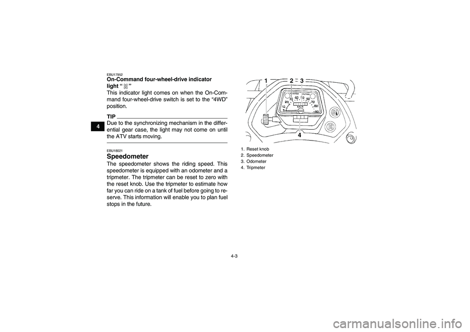 YAMAHA GRIZZLY 350 2010 Owners Manual 4-3
4
EBU17952On-Command four-wheel-drive indicator 
light“” 
This indicator light comes on when the On-Com-
mand four-wheel-drive switch is set to the “4WD”
position.TIPDue to the synchronizi