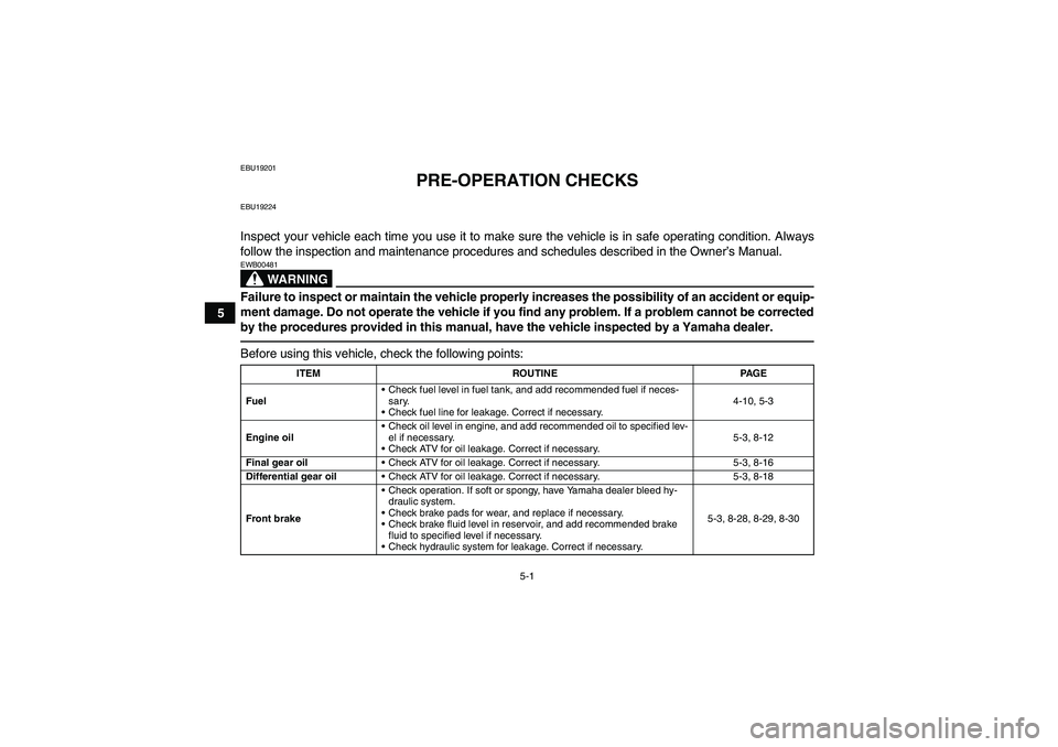 YAMAHA GRIZZLY 350 2010 Service Manual 5-1
5
EBU19201
PRE-OPERATION CHECKS
EBU19224Inspect your vehicle each time you use it to make sure the vehicle is in safe operating condition. Always
follow the inspection and maintenance procedures a