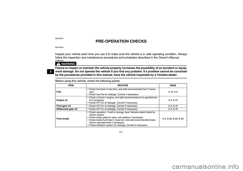 YAMAHA GRIZZLY 350 2010  Owners Manual 5-1
5
EBU19201
PRE-OPERATION CHECKS
EBU19224Inspect your vehicle each time you use it to make sure the vehicle is in safe operating condition. Always
follow the inspection and maintenance procedures a