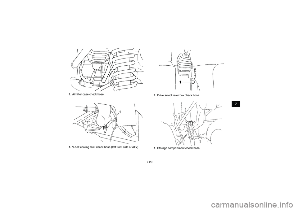 YAMAHA GRIZZLY 350 2010 Manual PDF 7-20
7
1. Air filter case check hose
1. V-belt cooling duct check hose (left front side of ATV)
1. Drive select lever box check hose
1. Storage compartment check hose
U1AB60E0.book  Page 20  Wednesday