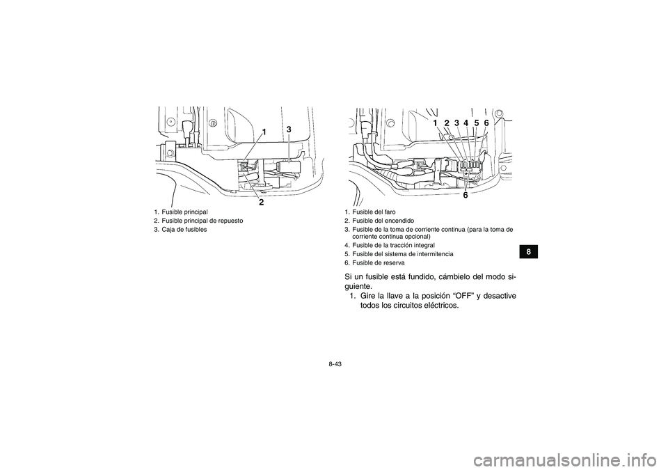YAMAHA GRIZZLY 350 2010 Manuale de Empleo (in Spanish) 8-43
8
Si un fusible está fundido, cámbielo del modo si-
guiente.
1. Gire la llave a la posición “OFF” y desactive
todos los circuitos eléctricos.
1. Fusible principal
2. Fusible principal de YAMAHA GRIZZLY 350 2010 Manuale de Empleo (in Spanish) 8-43
8
Si un fusible está fundido, cámbielo del modo si-
guiente.
1. Gire la llave a la posición “OFF” y desactive
todos los circuitos eléctricos.
1. Fusible principal
2. Fusible principal de