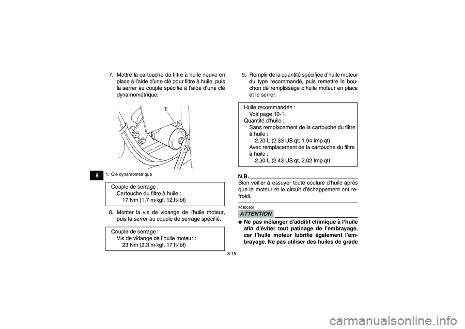 YAMAHA GRIZZLY 350 2010  Notices Demploi (in French) 8-15
87. Mettre la cartouche du filtre à huile neuve en
place à l’aide d’une clé pour filtre à huile, puis
la serrer au couple spécifié à l’aide d’une clé
dynamométrique.
8. Monter la