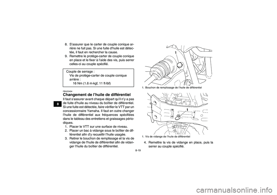 YAMAHA GRIZZLY 350 2010  Notices Demploi (in French) 8-19
88. S’assurer que le carter de couple conique ar-
rière ne fuit pas. Si une fuite d’huile est détec-
tée, il faut en rechercher la cause.
9. Remettre le protège-carter de couple conique
e