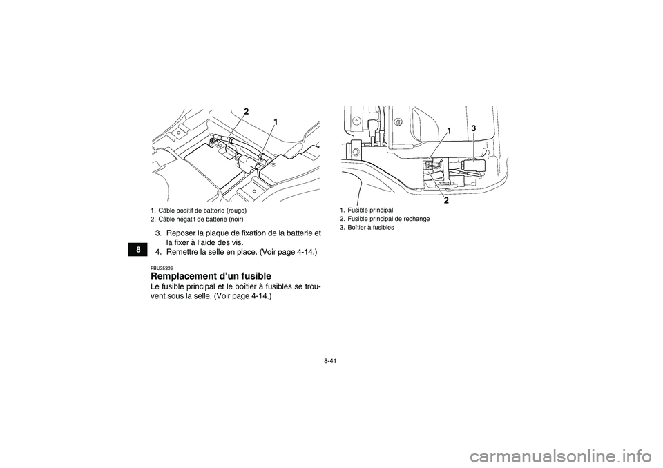 YAMAHA GRIZZLY 350 2010  Notices Demploi (in French) 8-41
83. Reposer la plaque de fixation de la batterie et
la fixer à l’aide des vis.
4. Remettre la selle en place. (Voir page 4-14.)
FBU25326Remplacement d’un fusible Le fusible principal et le b