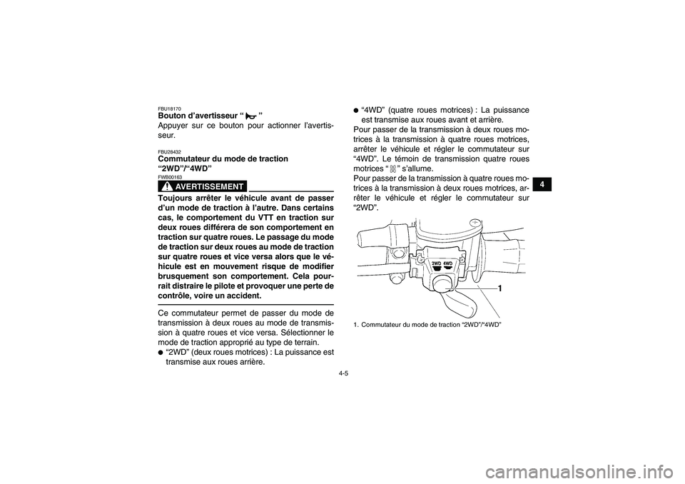 YAMAHA GRIZZLY 350 2010  Notices Demploi (in French) 4-5
4
FBU18170Bouton d’avertisseur“” 
Appuyer sur ce bouton pour actionner l’avertis-
seur.FBU28432Commutateur du mode de traction 
“2WD”/“4WD” 
AVERTISSEMENT
FWB00163Toujours arrêter