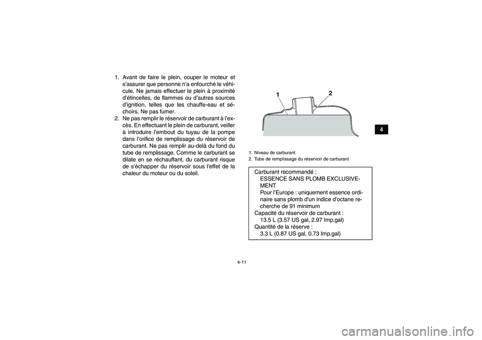 YAMAHA GRIZZLY 350 2010  Notices Demploi (in French) 4-11
4 1. Avant de faire le plein, couper le moteur et
s’assurer que personne n’a enfourché le véhi-
cule. Ne jamais effectuer le plein à proximité
d’étincelles, de flammes ou d’autres so